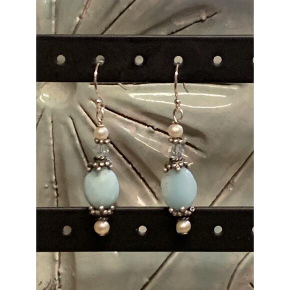 Handmade Earrings Sterling Silver, Pearl, Larimar and Crystal Dangle/Drop1234 - Picture 1 of 5